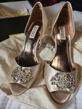 Badgley Mischka Women's Champagne Satin Peep-Toe Heels with Crystal Applique